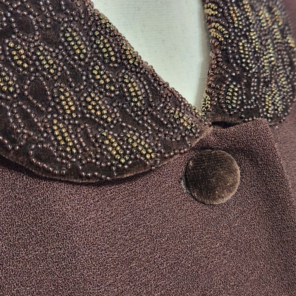 Le Suit Brown Wool Women's Blazer Velvet Buttons Beaded Collar & Cuffs Lined 8